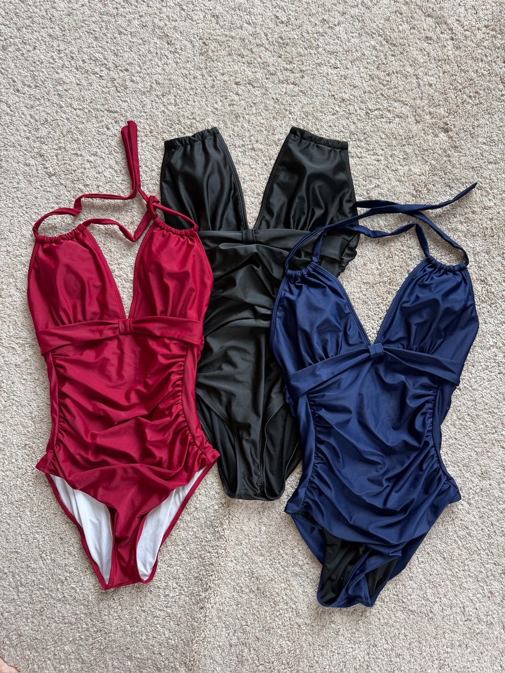 Bundle: 3 Women's Halter One-Piece Swimsuits Size Large Maroon Black Navy